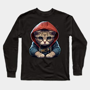 Funky Cat in Cool Hoodie Long Sleeve T-Shirt